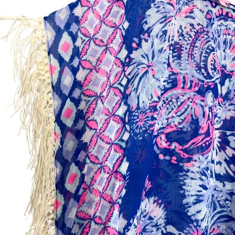 Lilly Pulitzer Fringe Kaftan Tunic Top XS Blue Pink Tropical Print Beach Boho - Picture 6 of 12